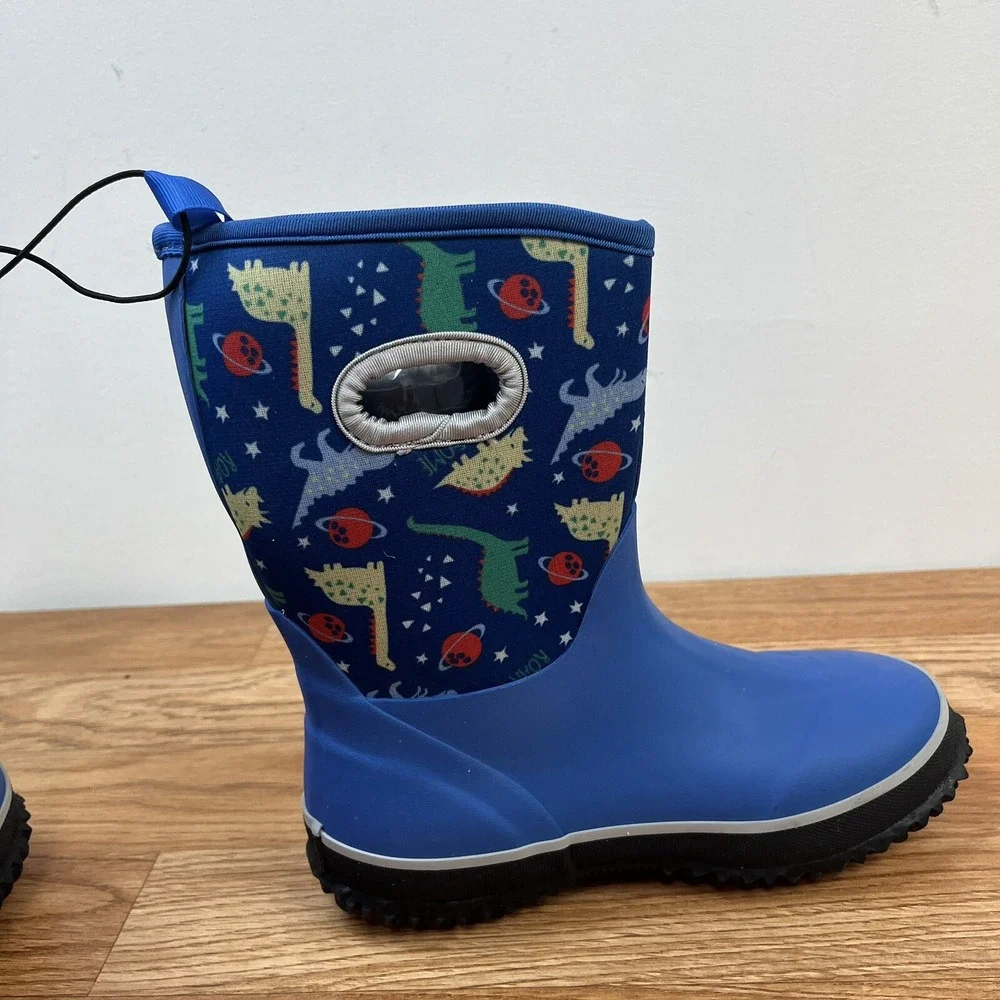 K Komforme Big Boys Size 2 Blue Neoprene Rain Boots Waterproof‎ Dinosaurs NEW